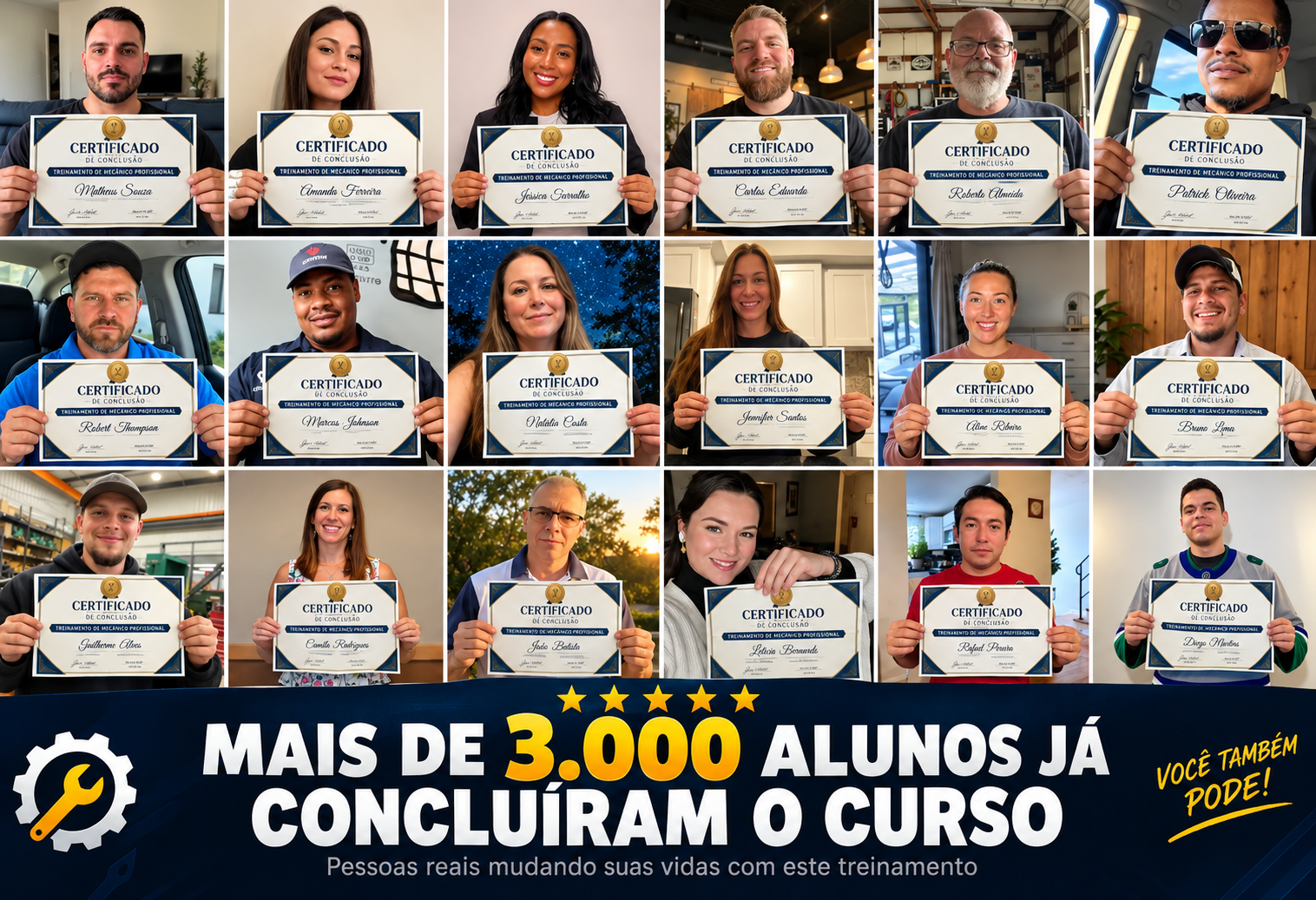 Mais de 3.000 alunos concluíram o curso, cada um com seu certificado de mecânica automotiva