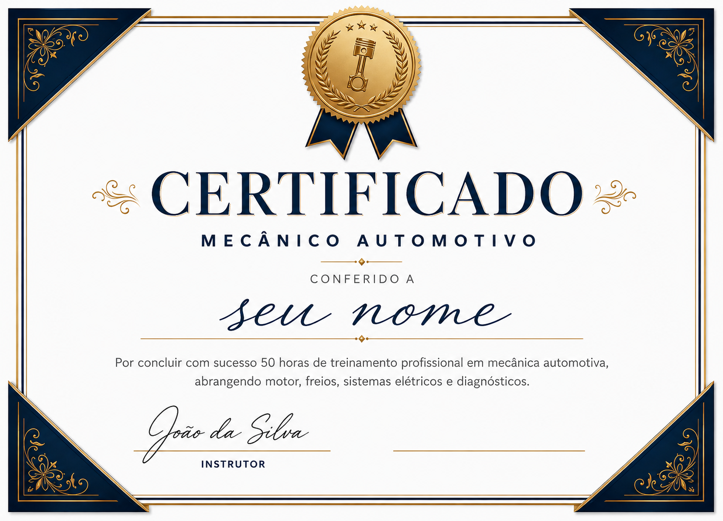 Certificado profissional de conclusão de mecânica automotiva