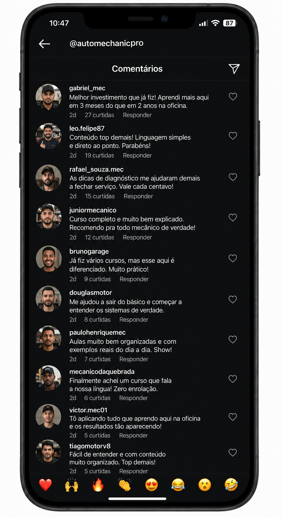 Comentários de alunos elogiando o curso de mecânica automotiva